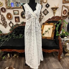 Vintage White Rose Floral Burnout Lace Trim Empire Waist Maxi Nightgown Gown