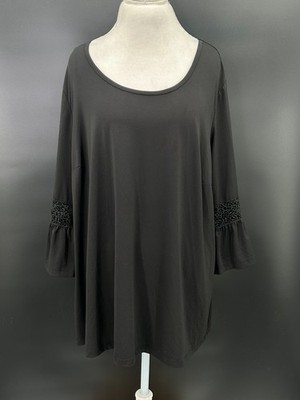 Catherines Womens Plus Size 2X Black Blouse Embroidered 3/4 Sleeve Stretch