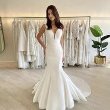 Simple Satin Mermaid Wedding Dresses Sleeveless Pleated Party Bridal Gowns Train