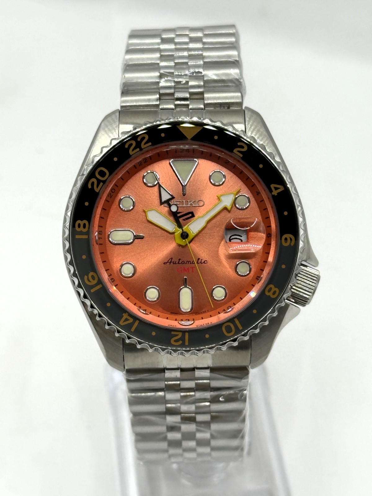 Vintage Refurbished Seiko 5 Sports GMT Salmon Dial Analog Men's Wrist Watch