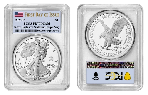 2025 P Silver American Eagle $1 Marine PCGS PR70DCAM First Day of Issue #255