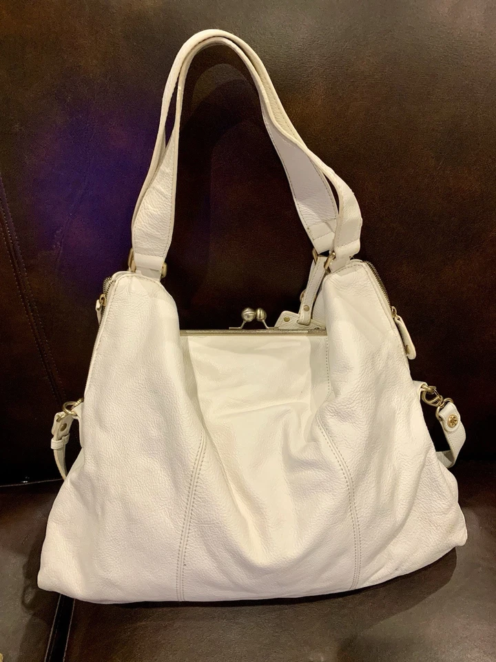 Emma Fox XLarge Kisslock Ivory Pebbled Leather Convertible Shoulder Bag - Image 3 of 4