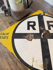 VINTAGE PORCELAIN ADVERTISING SIGN CALIFORNIA AUTO ASSOC. RAILROAD CROSSING RARE