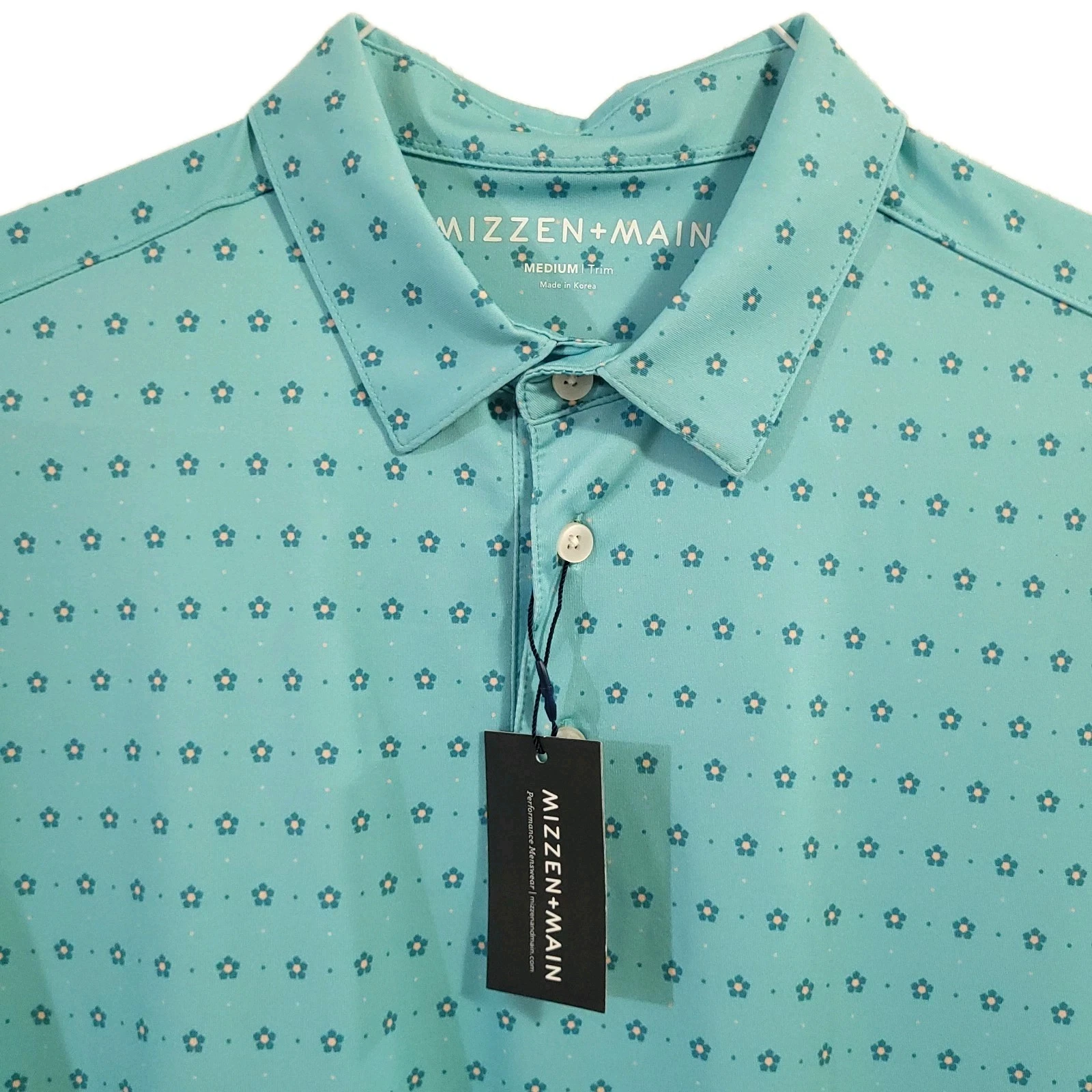 NWT Mizzen+Main Versa Polo Mens M Turquoise AOP UPF 50+ Moisture Wicking Golf