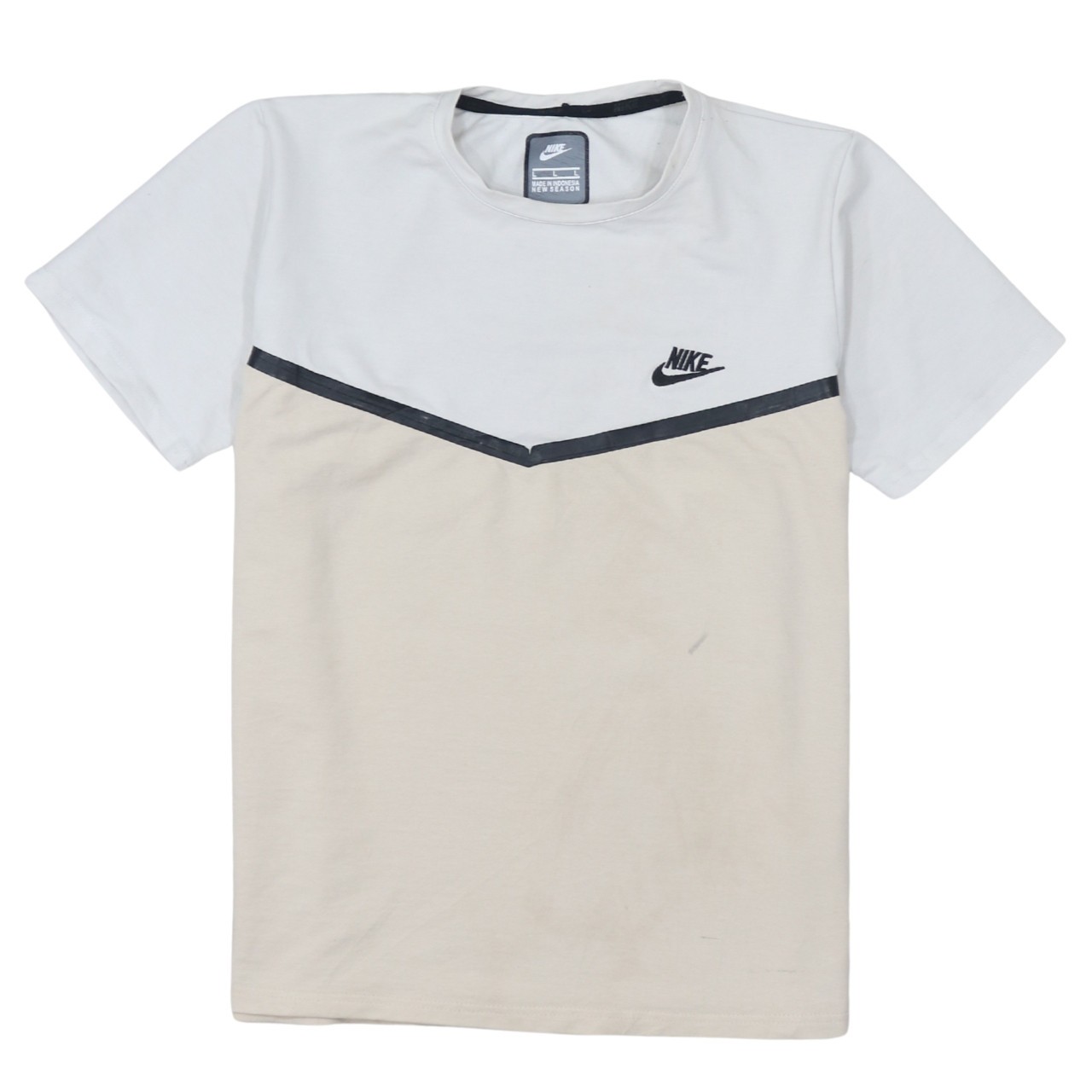 Nike Womens T Shirt White Beige Colour Block Embroidered Swoosh Sports Tee L