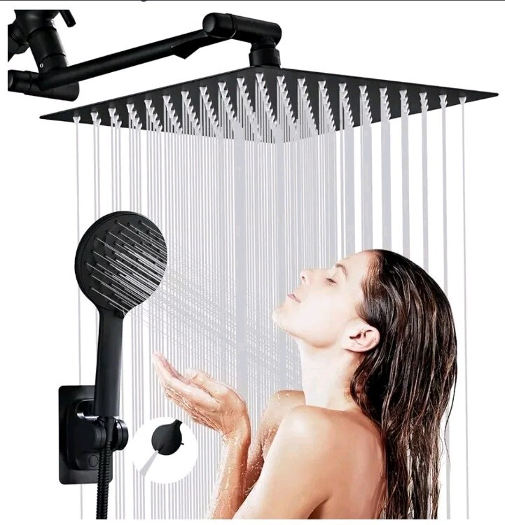 TERADA 8 Inch Luxury Rain Shower Head Combo Set Black with Multi-angle...