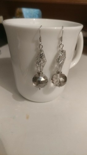 NEW Silver dangle with gray smokey crystal earrings for women long - Picture 4 of 6
