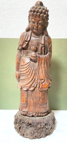 Bamboo Root Crafts Carving Buddha Statue H18.1 inch Japanese Vintage Figurine FS