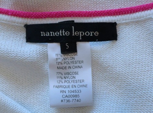 NANETTE LEPORE White W Fuschia Pink Trim Tie Keyhole Neck Cap Sleeve Sweater SzS - Picture 6 of 6