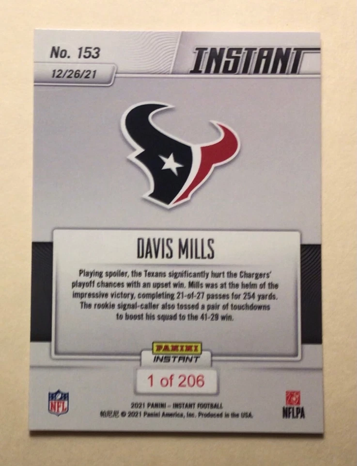  2021 PANINI INSTANT NFL Davis Mills RC Leads Texans Past Chargers  PR 206 - Image 2 of 3