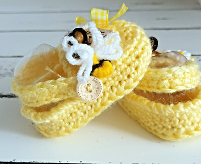 BABY CROCHET SUMMER CROCS HARN DAISY BEE LEAF RIBBON SHOES SANDALS BOOTS YELLOW