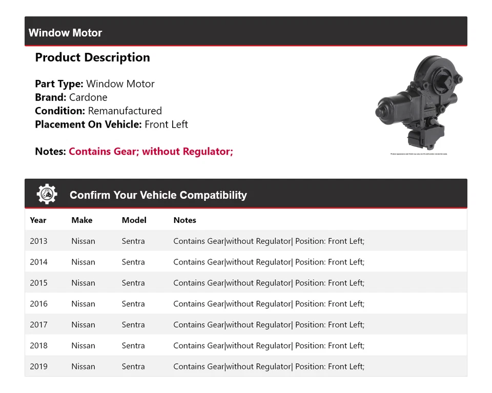 Motor ventana delantero izquierdo cardone para Nissan Sentra 2013-2019 2014 2015 2016 2017 Foto 2 de 4