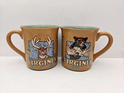 Virginia Souvenir Coffee Mug Set 2 Designed by Traub Embossed Deer, Bear & Birds