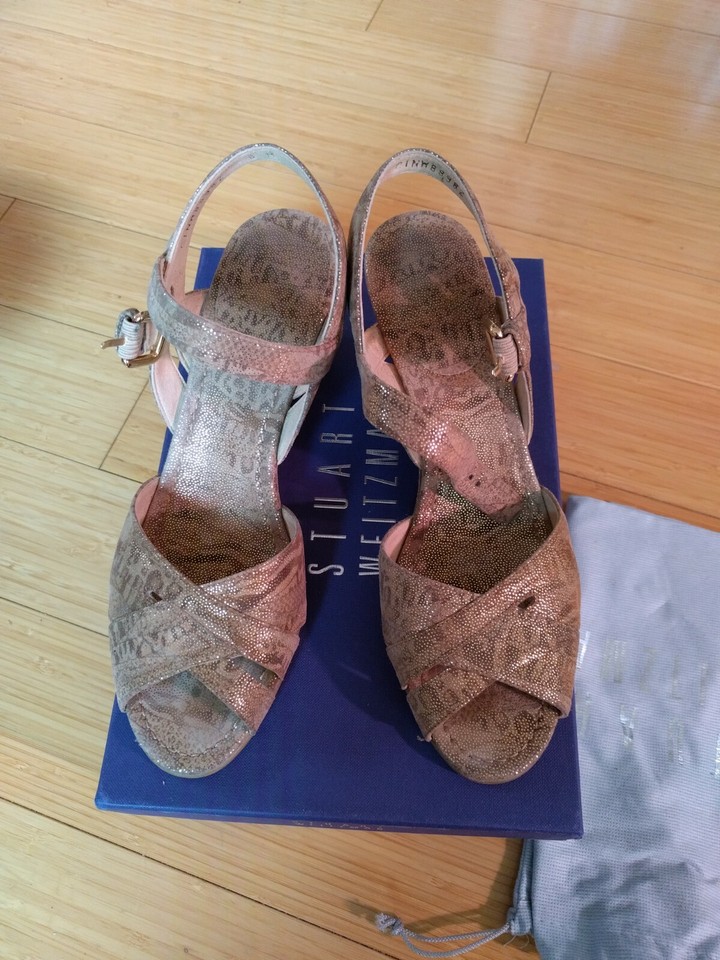 Stuart Weitzman Halley Tan Nairobi Patch Sz8 Sandals Shoes Gold