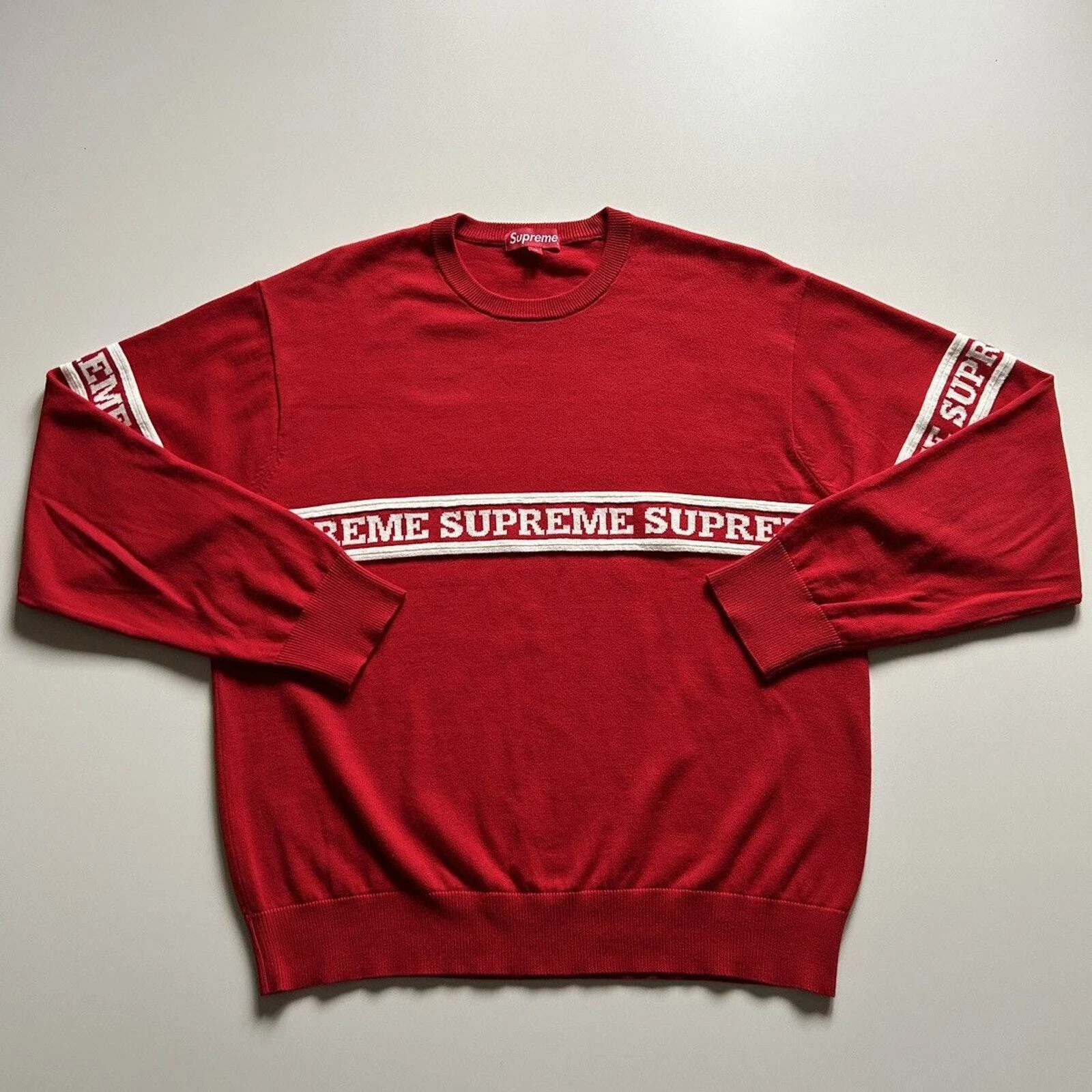 Haut en tricot à rayures logo Supreme rouge homme moyen rare