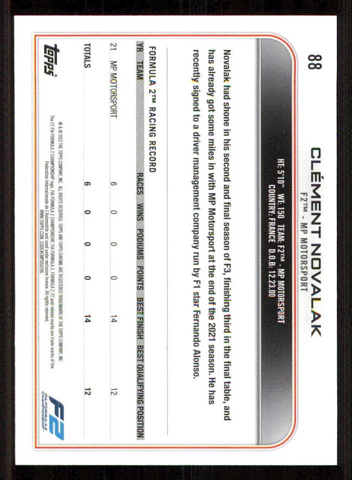 2022 Topps Chrome Formula 1 #88 Clement Novalak - Image 2 of 2