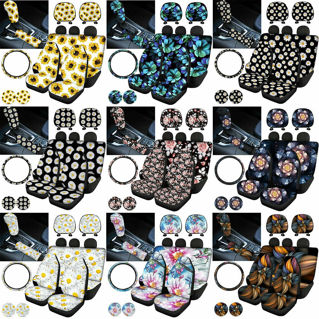 Floral Car Seat Covers Full Set for Women Steering Wheel,Handbrake Universal Fit