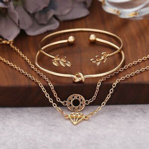 Fashion Women 4Pcs Leaf Knot Simple Adjustable Open Bangle Gold Bracelet Jewelry