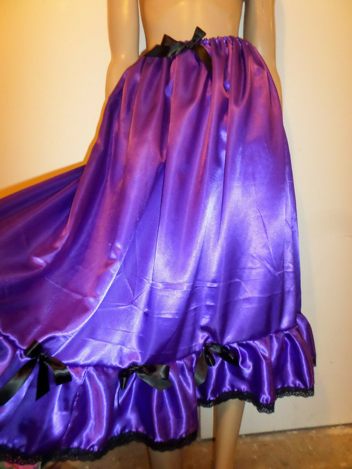 PURPLE SATIN PETTICOAT 35" FRILLY HEM BLACK LACE TRIM LONG 3046 W SATIN BOWS eBay