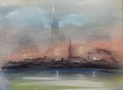 Leon Dolice Signed Original Pastel-Impressionist New York City Skyline Twilight