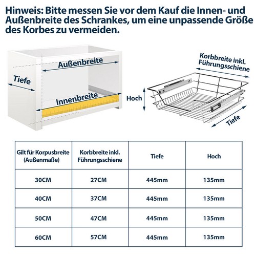 2X Teleskopschublade Silber Korbauszug verstellbar Küchenschublade 30 40 50 60cm - Bild 19 von 19