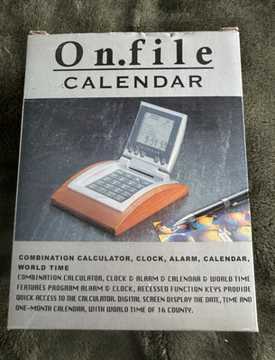Vintage Office Depot Onfile Calendar Clock Alarm Calculator World Time Desk Set