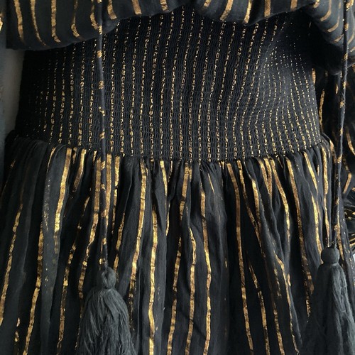 Karina Grimaldi Black & Gold Metallic Striped Vitage Voile Tassel Dress, NWOT L - Picture 6 of 14