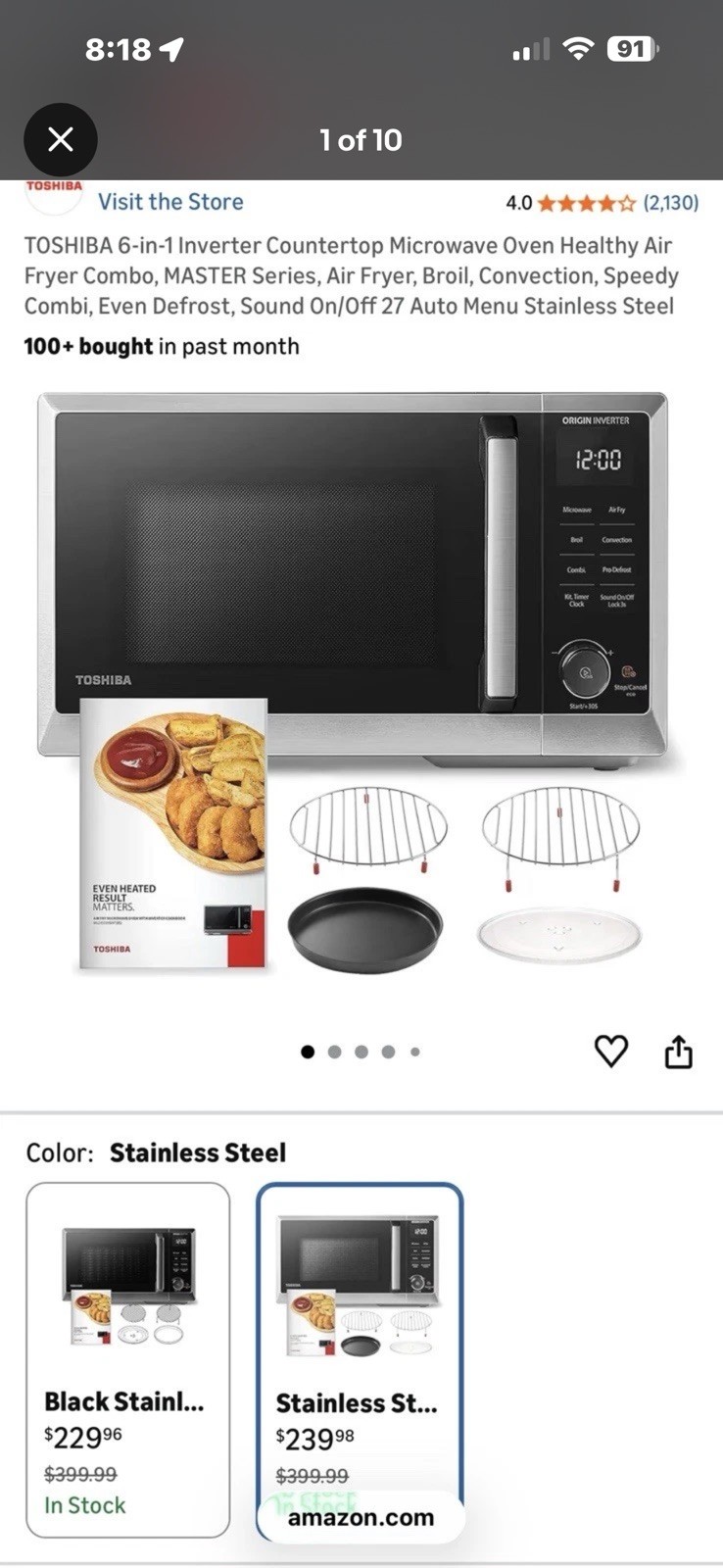 Toshiba ML2-EC09SAIT SS MicroOven/Air Fry Combo .9 cu ft Black Stainless Steel 