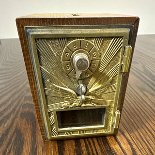 Vintage Wood & Metal Safe Style Piggy Bank w/ Brass Tone Combination Lock