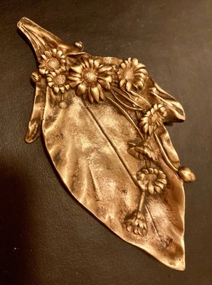 Vintage Small Art NOUVEAU Bronze Trinket Leaf Tray Daises Sunflowers Nice Patina
