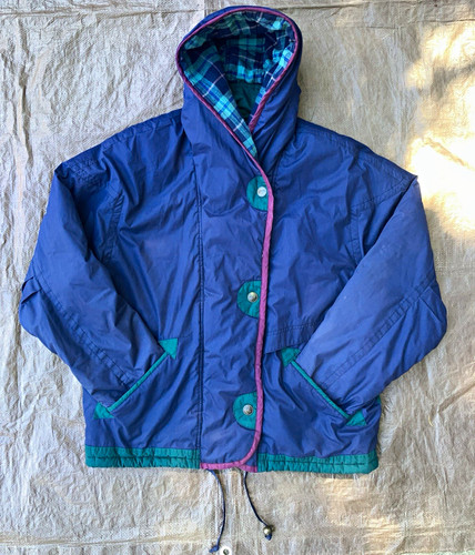 Paris Sport Club M Hooded Lined Plaid Jacket Blue Green Purple Snap