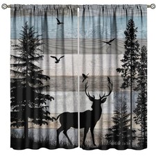 Rustic Deer Curtains, Retro Cabin Farmhouse Country Lodge Blue Brown Wooden B...