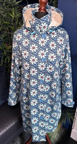Seasalt Seaside Floral Mac Tin Cloth Organic Cotton Raincoat Uk 18 Blue Festival - Picture 2 of 6