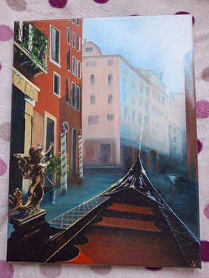 Original Ölgemälde 16x12 cm Venedig Kanäle Gondel Modern Unikat