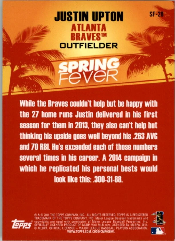 2014 Topps Spring Fever #SF28 Justin Upton - BB - Image 2 of 2