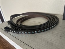 Western Horse Reins Dark Oil  Blue StonesStudded Leather Reins with Water Loop