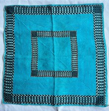 Vintage 1950s Novelty Geometric Print Scarf Turquoise and Black 16  x 16  