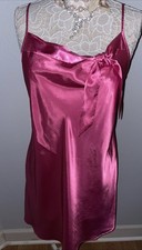 Glossy Pink Satin Chemise Woman  s M Shiny Babydoll Nightie Tie/Bow Accent Modest