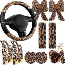 10pcs Leopard Print Car Accessories For Women Cute Cheetah Print Set With Steer