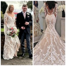 Luxury Mermaid Wedding Dresses Long Sleeve Lace Applique Sweep Train Bridal Gown