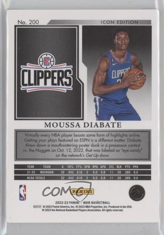 2022-23 Panini Noir Rookies Icon Edition /99 Moussa Diabate #200 Rookie RC - Image 2 of 2