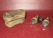 Antique French A. Lefevre Paris Leather and Brass 4" Wide Opera Glasses w/ Case