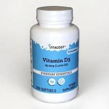 VITACOST Vitamin D3 ~ 25 mcg (1,000 IU) ~ 200 Softgels ~ Exp 03/2026