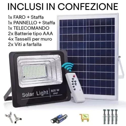 Faro LED Solare 800W Professionale IP67 con Pannello Esterno