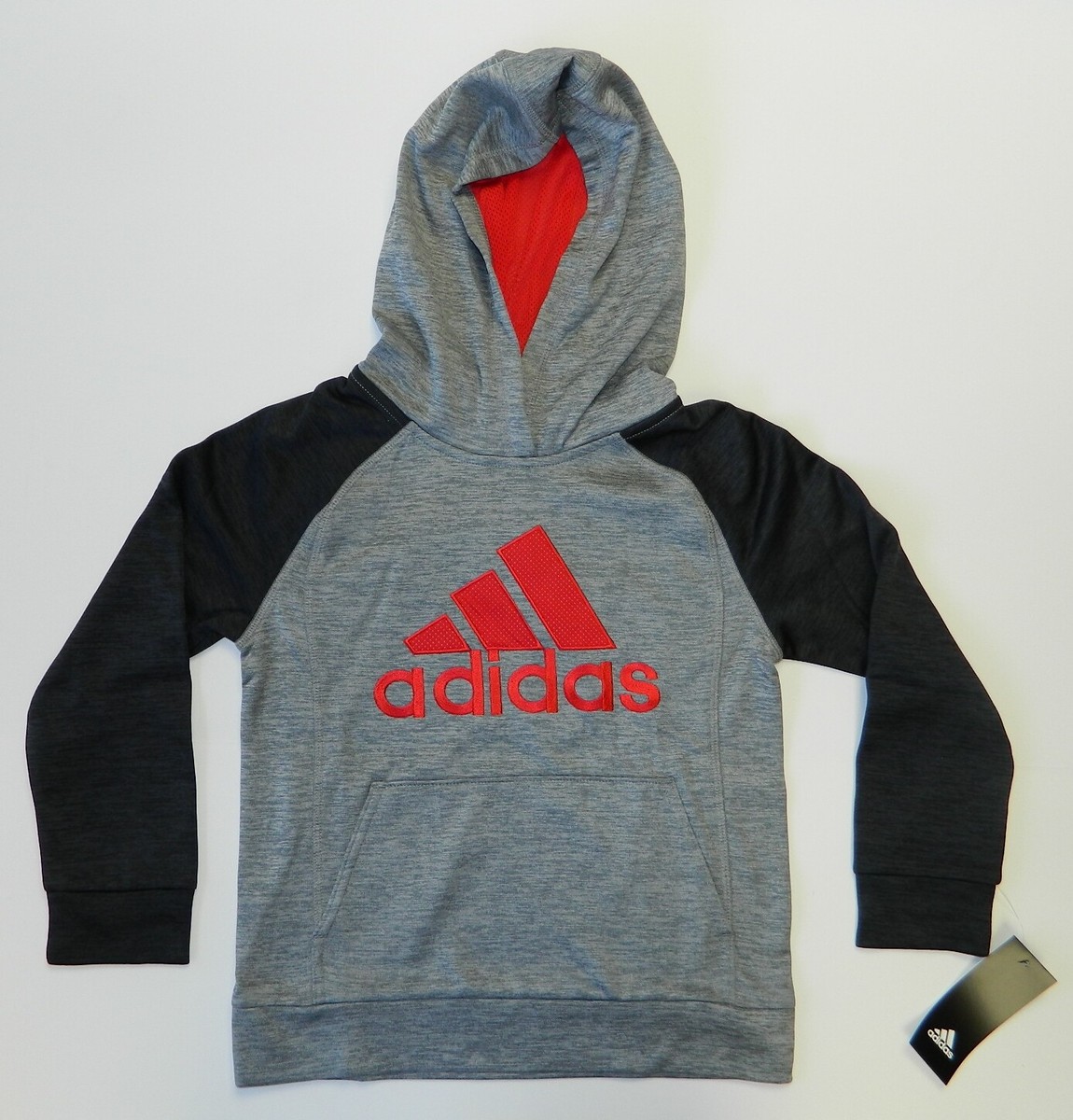 Adidas Boy's Fusion Raglan Hoodie Sweater Pullover Grey Black Red