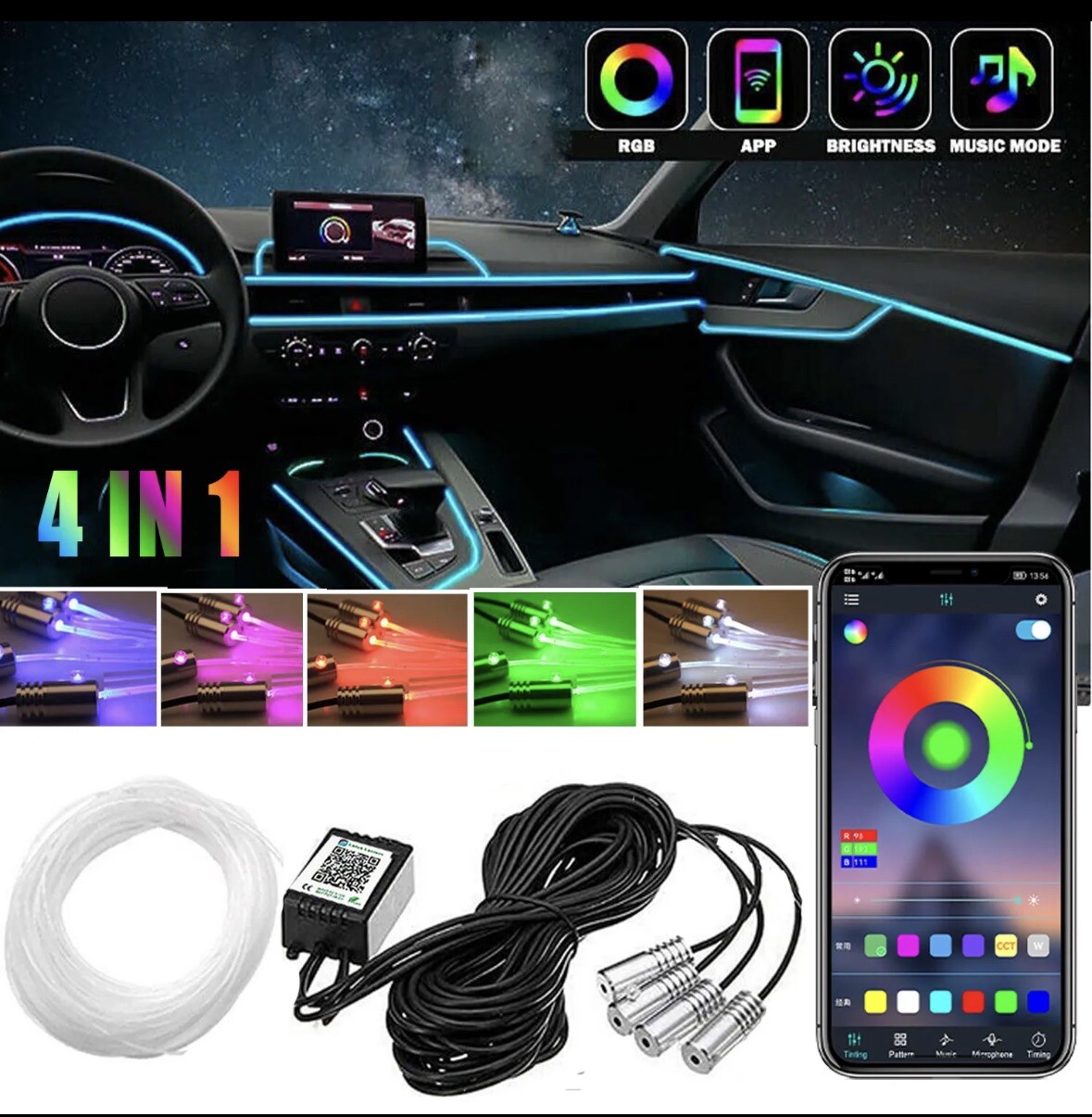 RGB LED Car Fiber Optic Interior Lamp Decor Ambient Light Strips App