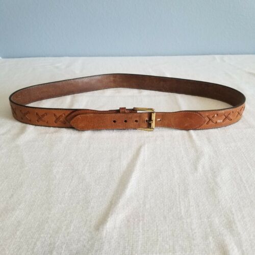 Cinturón de cuero vintage años 80 90 tejido patrón X hebilla de latón marrón castaño talla 36 - Imagen 3 de 6
