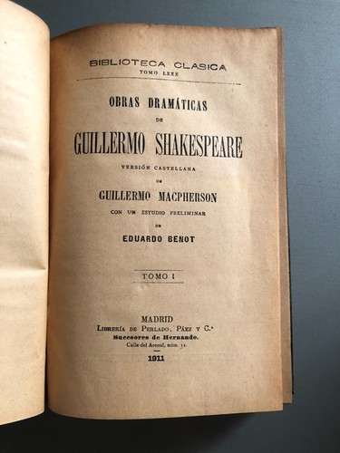 Obras dramaticas de Guillermo Shakespeare - 8 vol. - Trad. Macpherson - 1911 - Picture 2 of 3