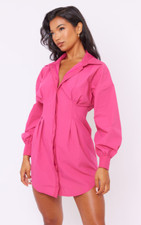Pretty Little Thing HOT PINK FITTED WAIST LONG SLEEVE SHIRT DRESS size 4