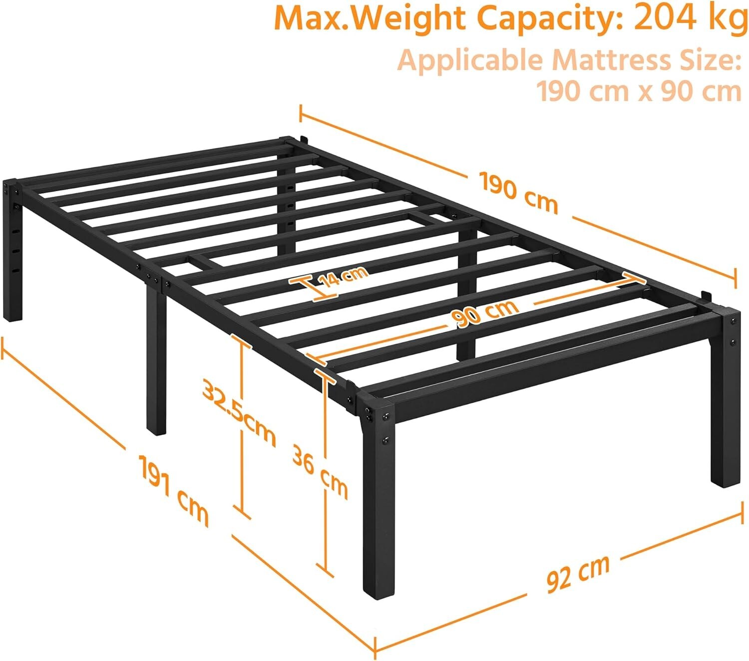 36 cm Single Bed Frame Metal Solid 3ft Single Platform Bed with Heavy